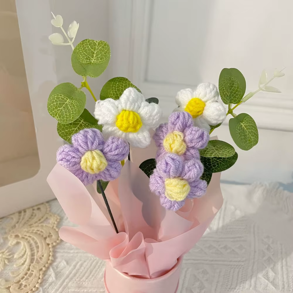 Fleurs au Crochet tricotées faites à la main avec seau