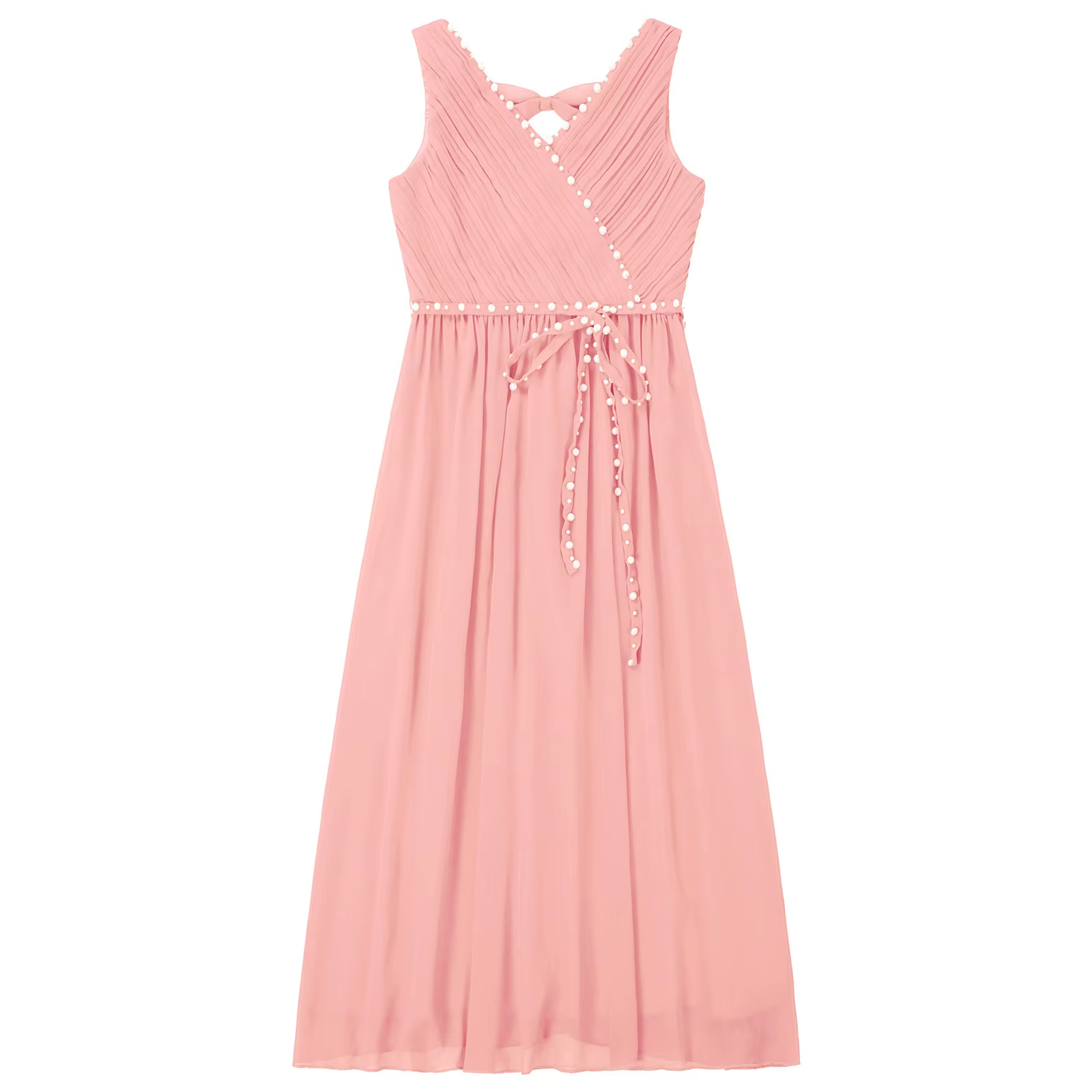 Robe à fleurs pour filles, élégante robe de soirée en mousseline de soie perlée, froncée, col en V, sans manches, avec nœud découpé, pour demoiselle d'honneur, mariage