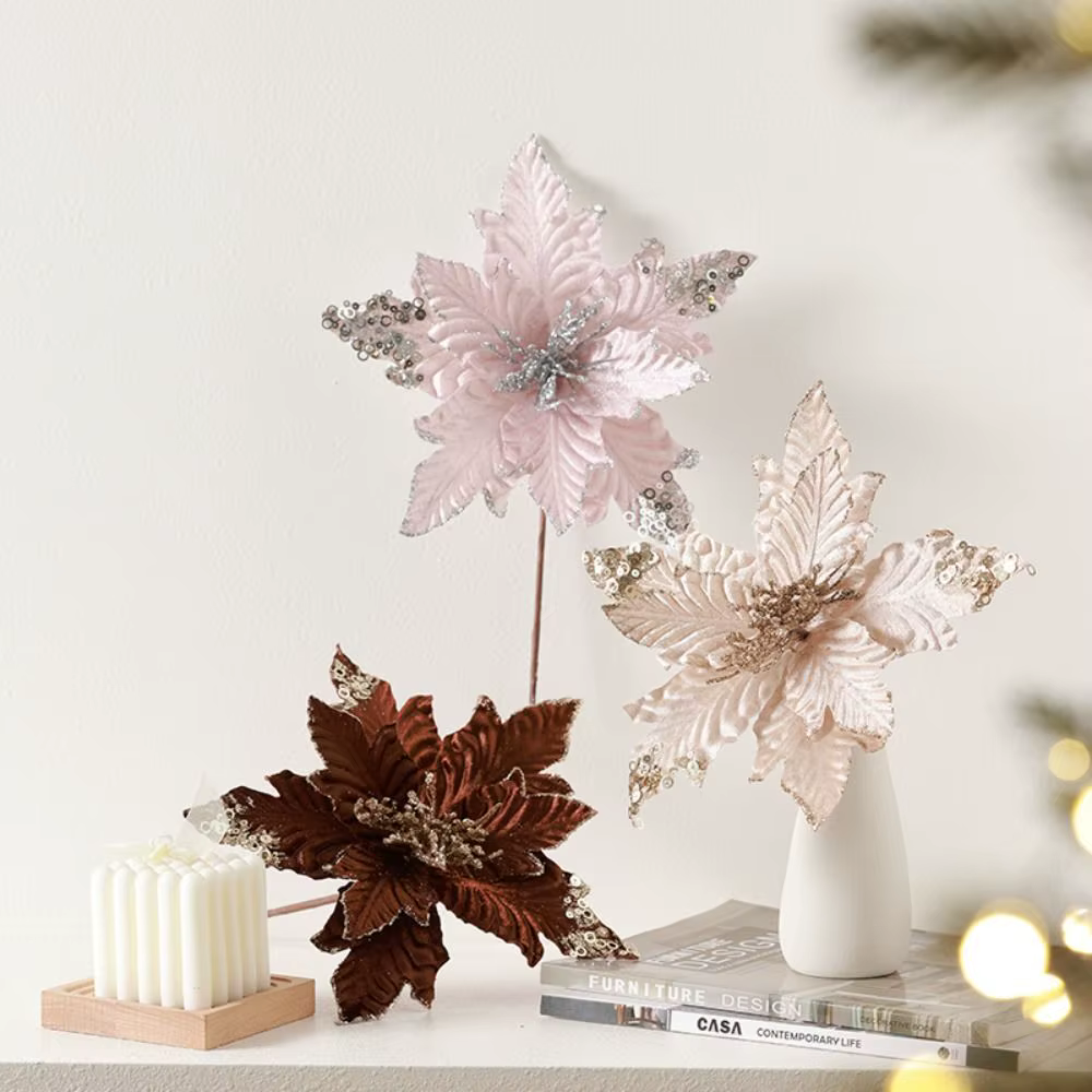 25 cm noël Poinsettia paillettes fleur grand flocage artificiel