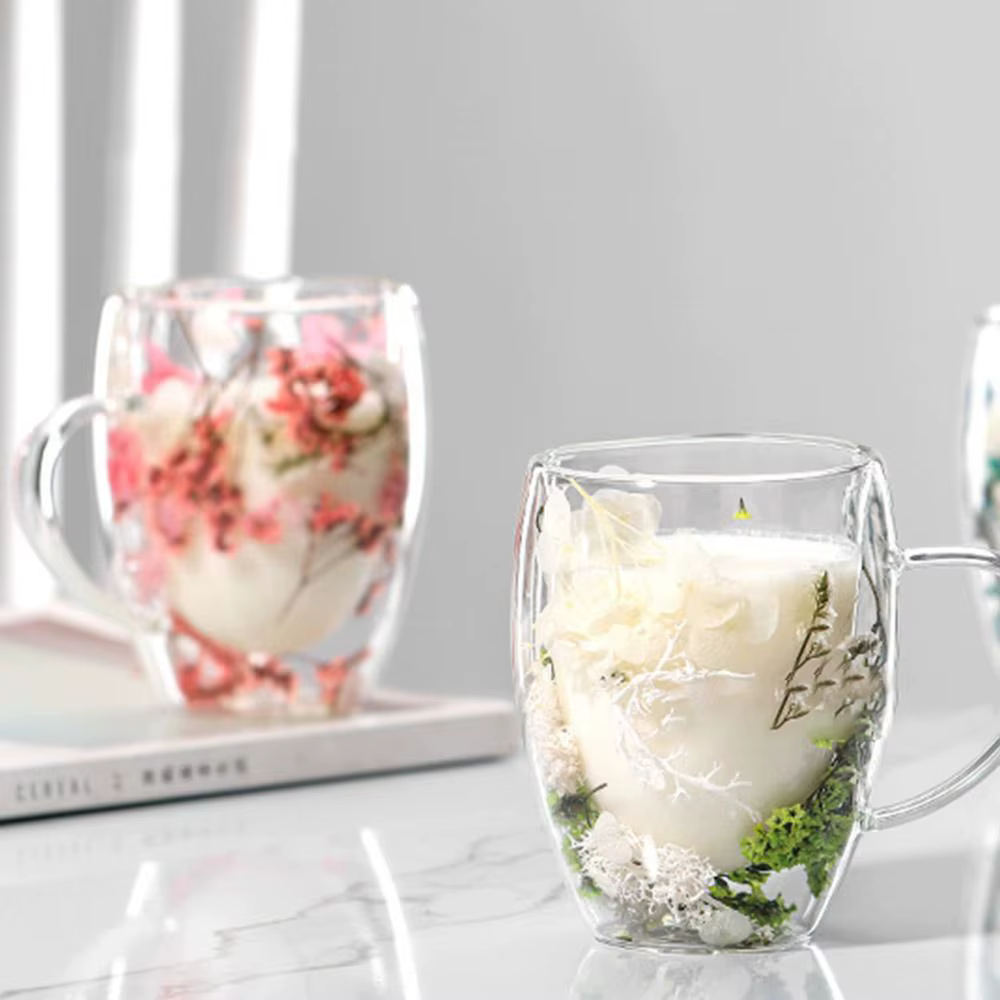 Tasse à café à double paroi de fleurs séchées, tasses en verre de fleurs séchées, tasse de fleurs créatives uniques avec poignée, tasse anti-brûlure, 350ml
