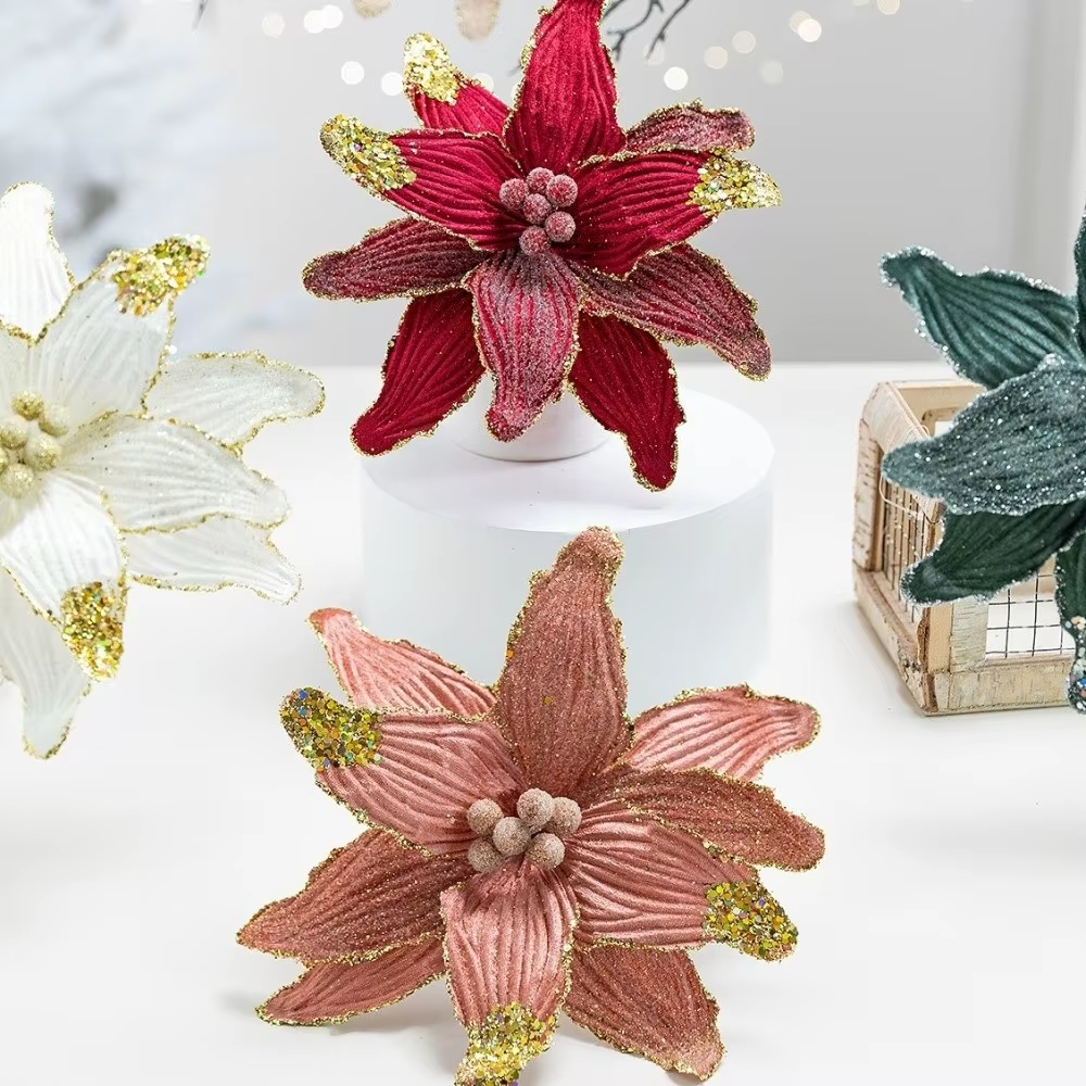 Fleur de noël artificielle en Faux velours avec paillettes