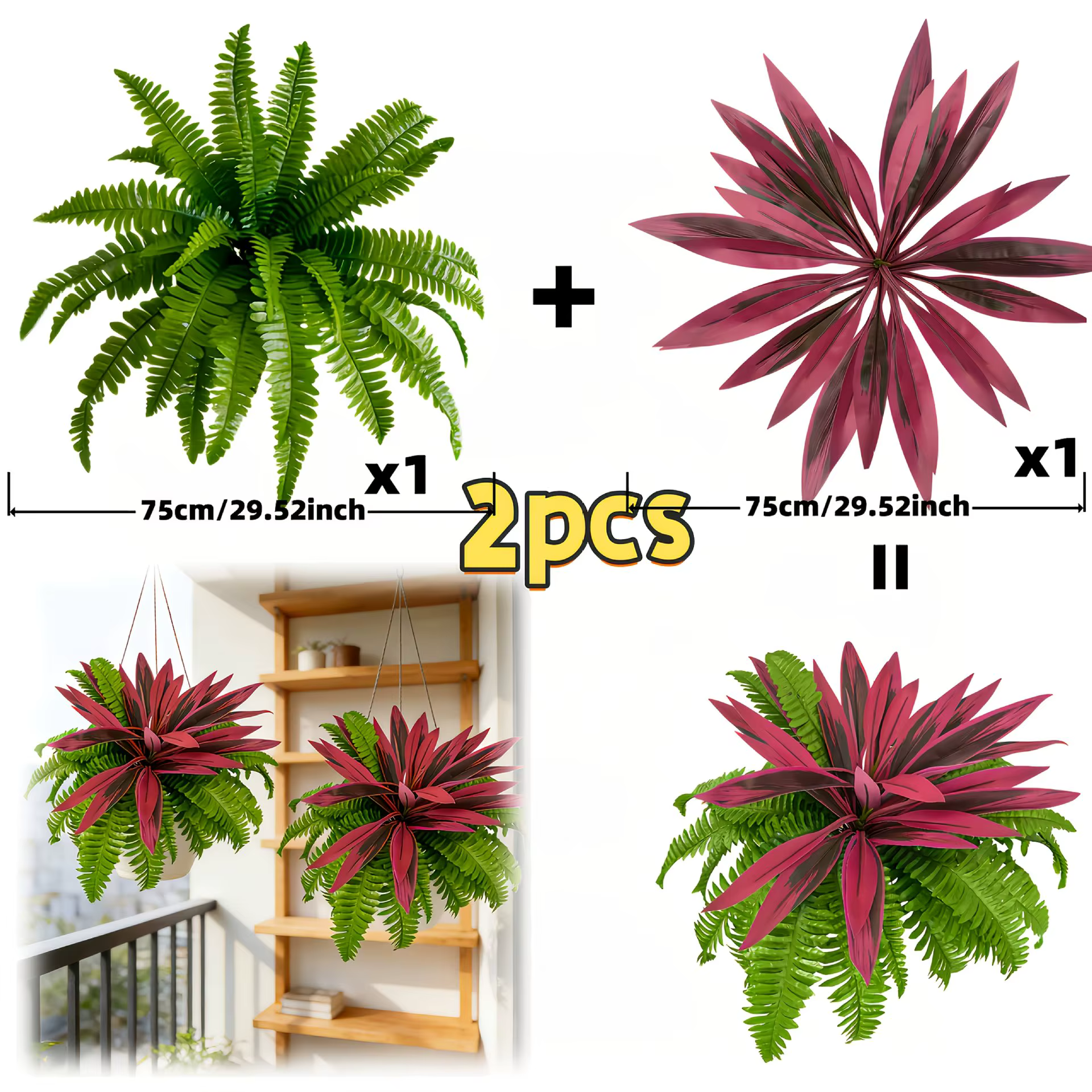 Alocasia à feuilles rouges (Aroides) avec fougère artificielle Asplenium