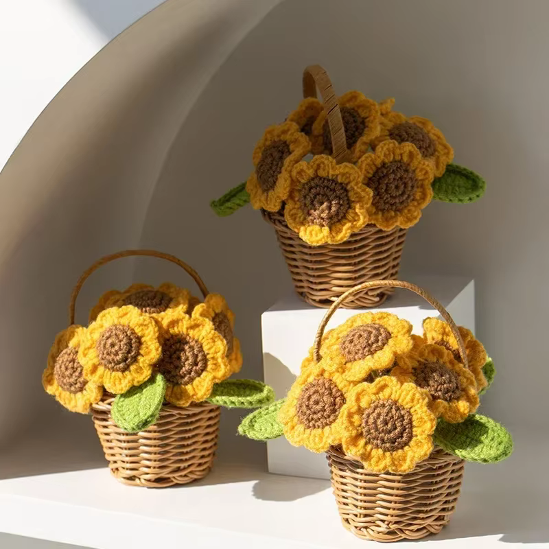 Crochet fleur mignon fini tissé tournesols en pot tricoté à la main
