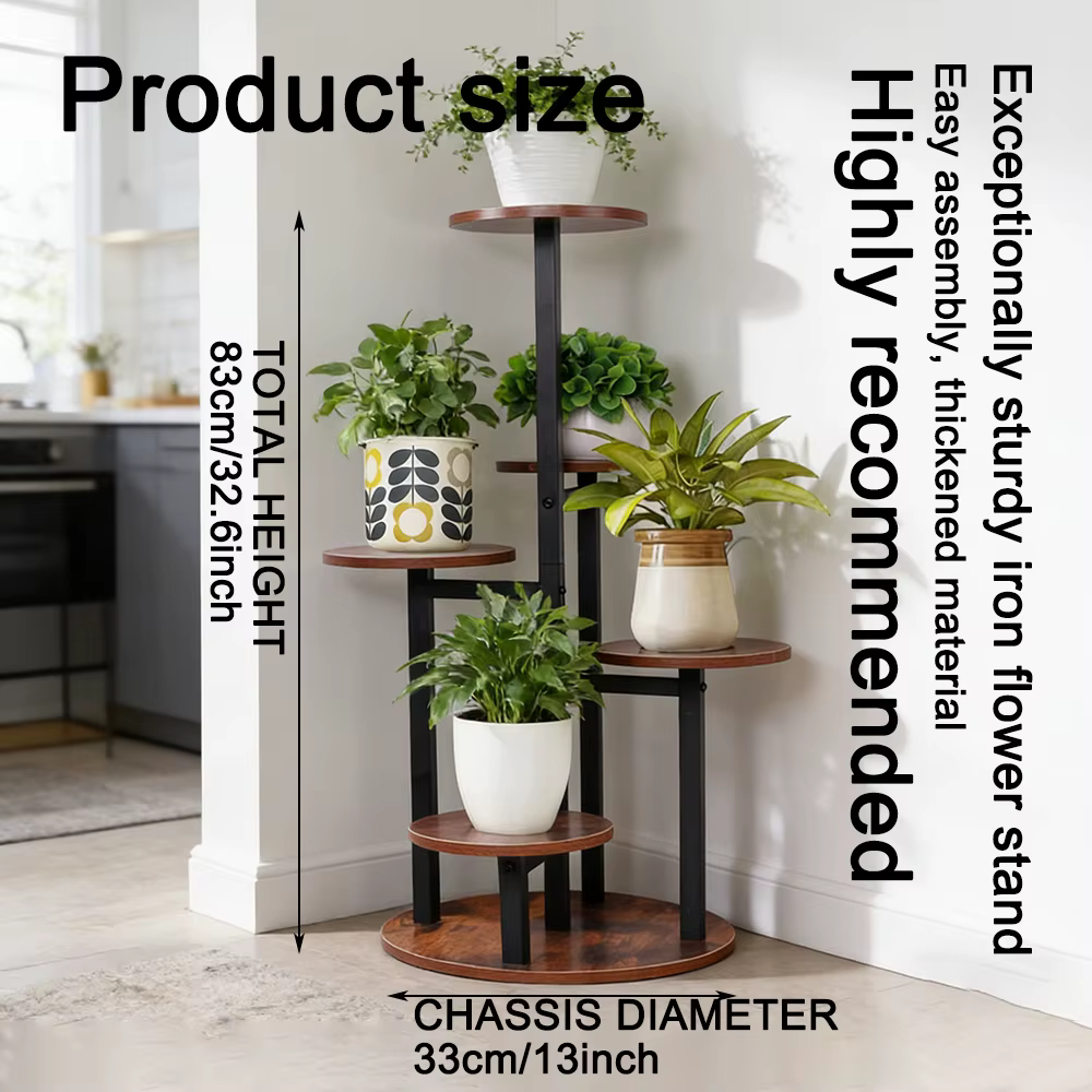 Support à plantes rustique à 5 niveaux en bois et métal - Étagère à fleurs multi-niveaux pour intérieur