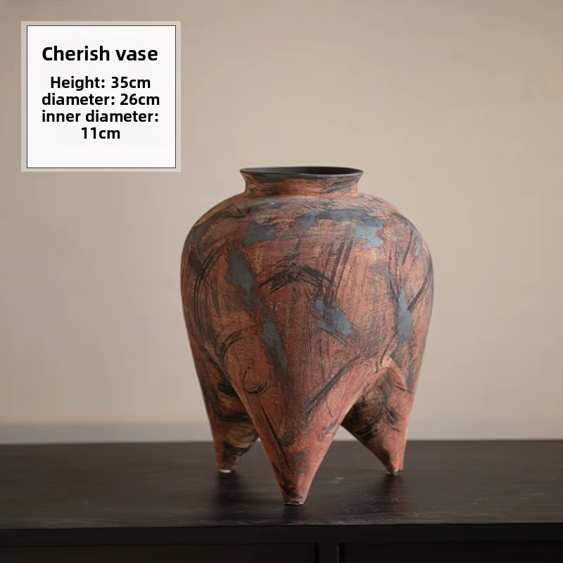 Vase rétro artisanal en poterie brute, style haut de gamme