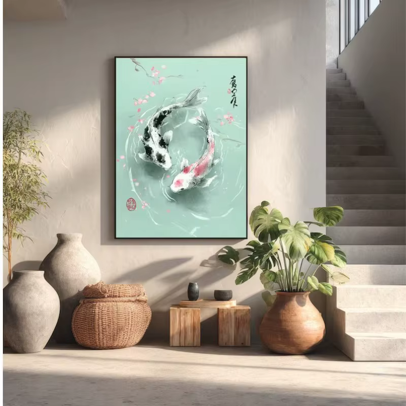 Affiche de poisson Koi émeraude d'étang japonais