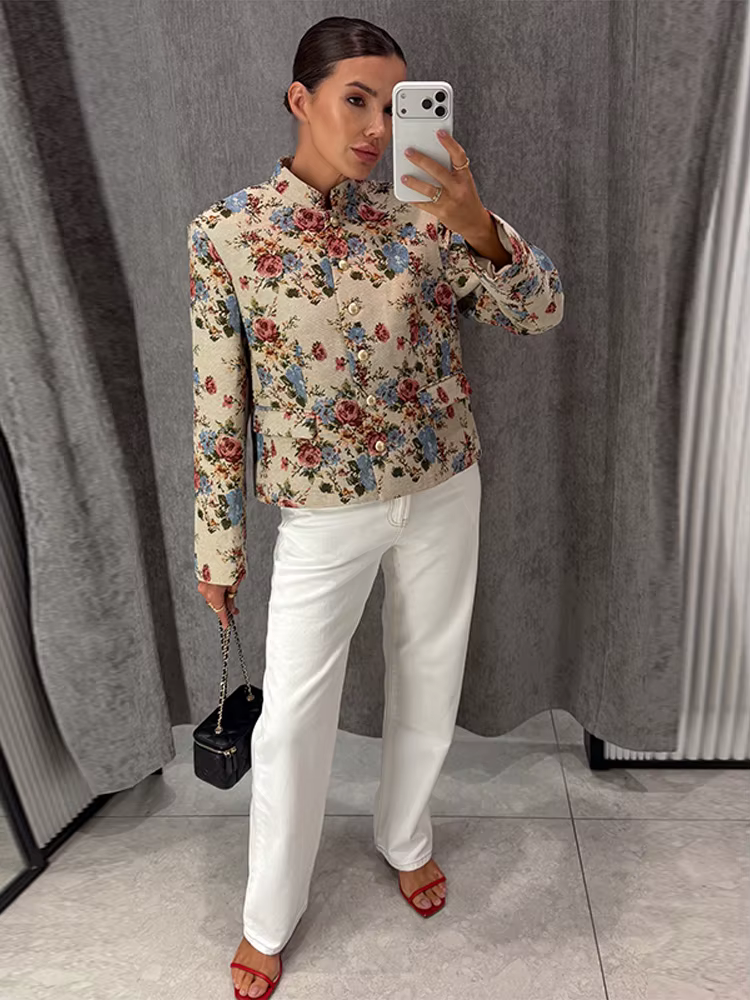 Blazer imprimé floral pour femme, col mandarin, épaulettes, veste courte à simple boutonnage, style vintage, pour l'automne et le quotidien