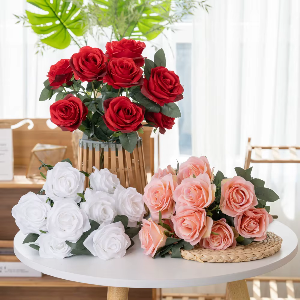 Roses artificielles en soie marron à 9 têtes
