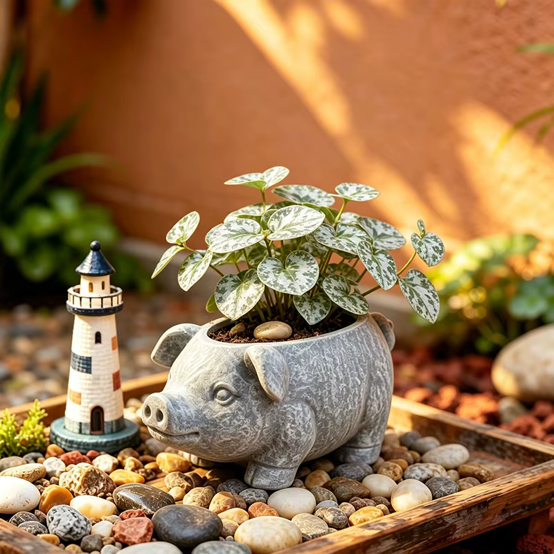 Wabi Sabi Weathered Pig Resin Planter Distressed Animal Succulent Pot for Balcony Patio Rustic Minimalist Garden Accent