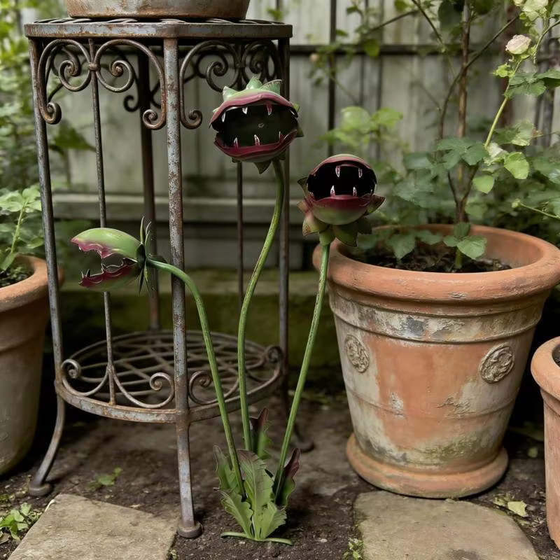 Sculpture plante mangeuse d'insectes en métal fabriquée à main pour les décors jardin ajoute charme à quel