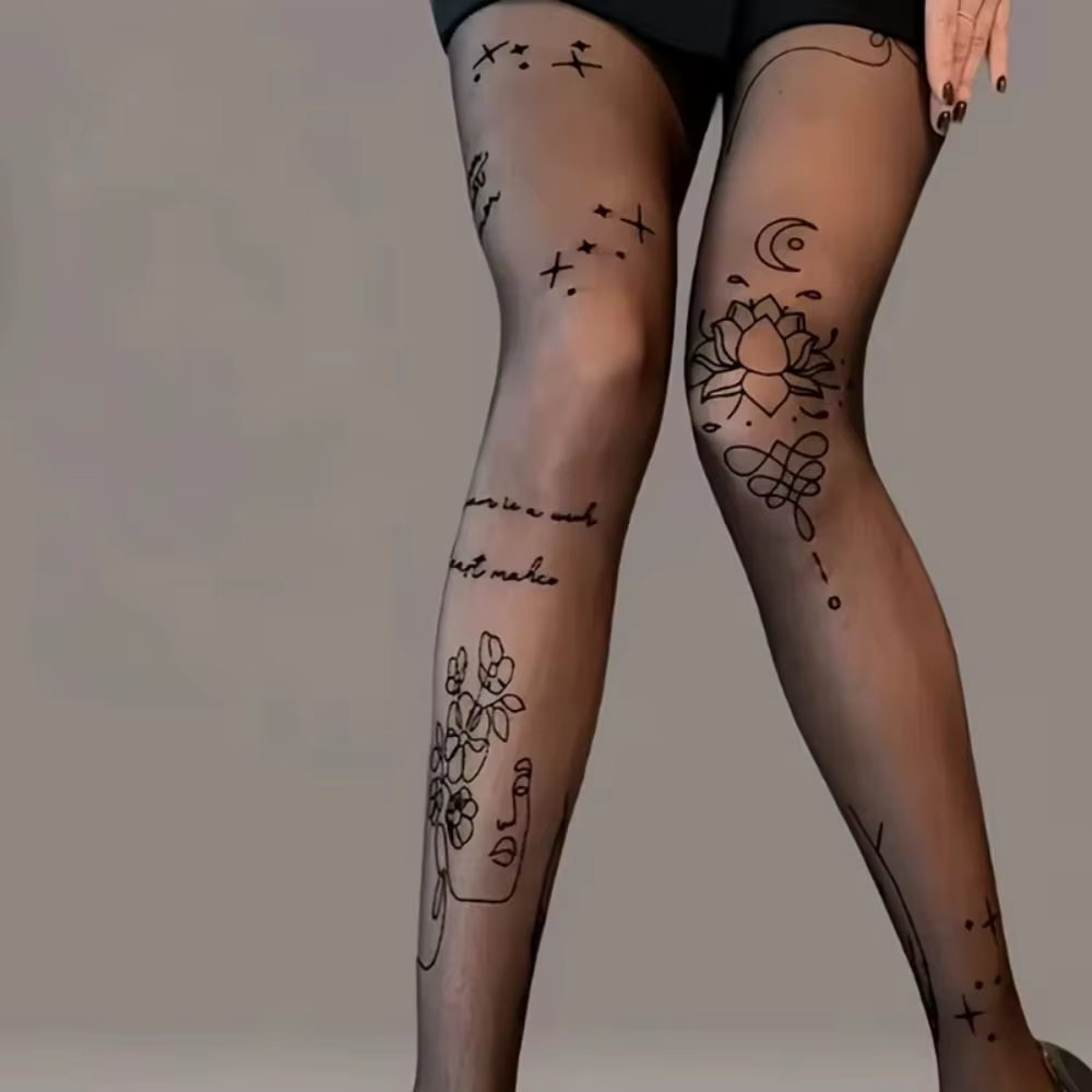 Collants Sexy avec tatouages de lettres de fleurs, collants transparents taille haute pour femmes, Leggings élastiques respirants, usage quotidien