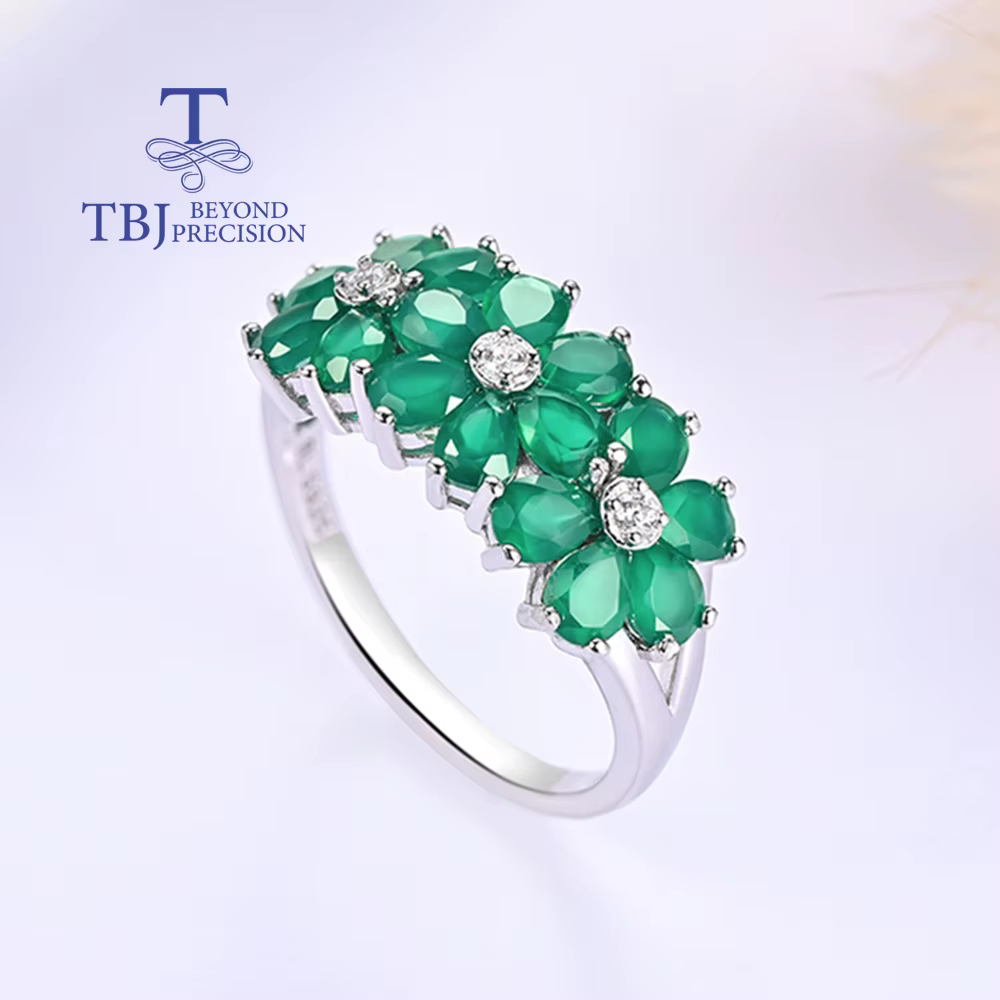 Bague en argent sterling S925 pour femme avec motif floral en agate verte naturelle, bijou délicat et luxueux pour offrir en cadeau ou pour les rendez-vous galants