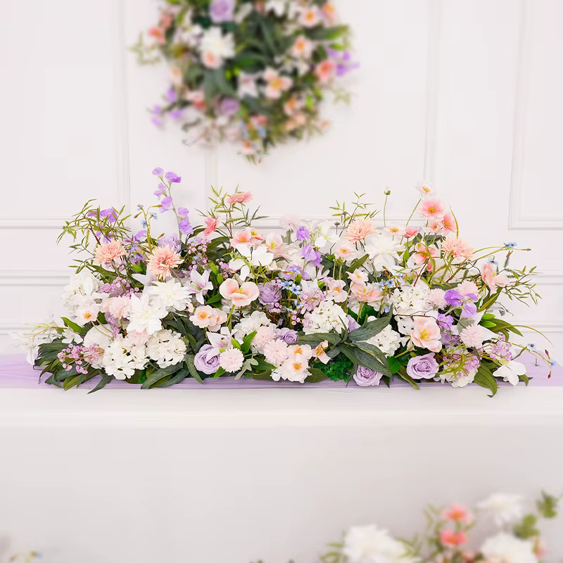 H8742 Lilas rose blanc avec rangée de fleurs vertes plancher de mariage Arrangement Floral maison cheminée décor tenture murale couronne guirlande