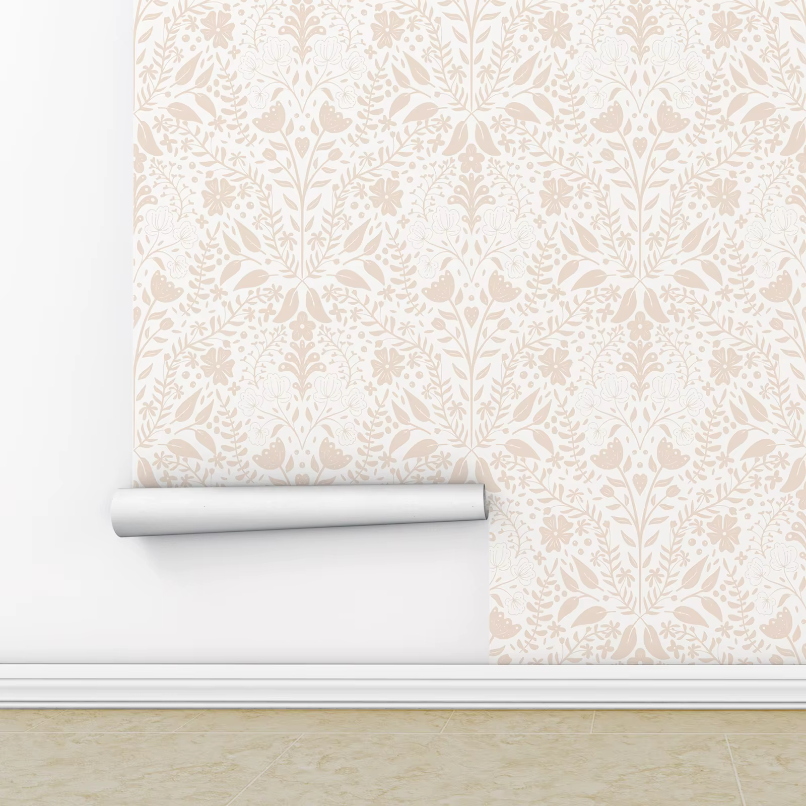 Papier peint adhésif beige à motif floral damassé