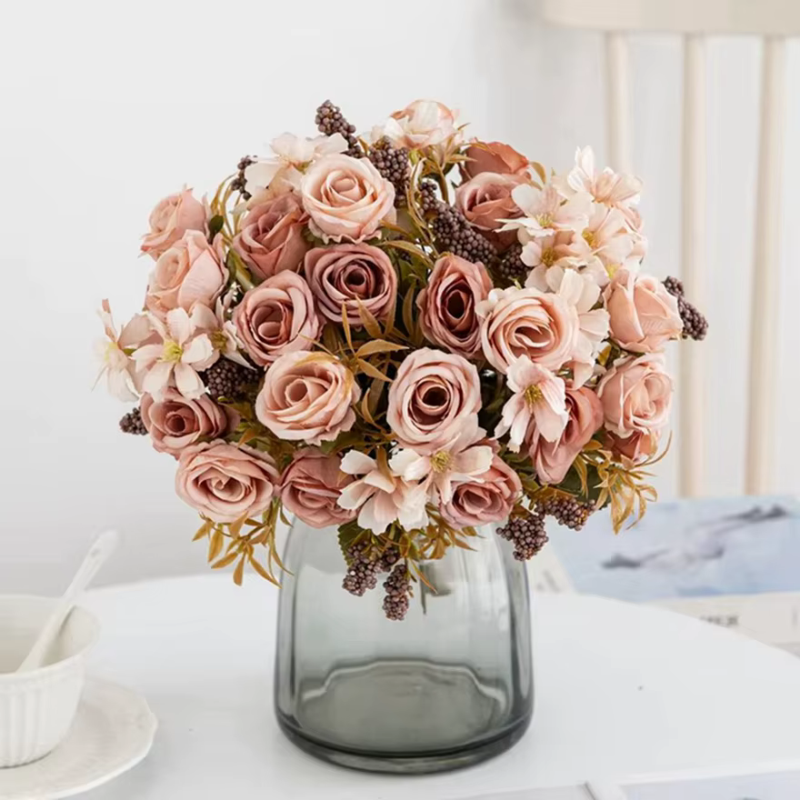 Fleurs artificielles Soie Rose Noël Maison Vase Décor Bonsaï De Mariage Bouquets De Mariée Cour Festival Fête Bricolage Cadeau Vente Chaude