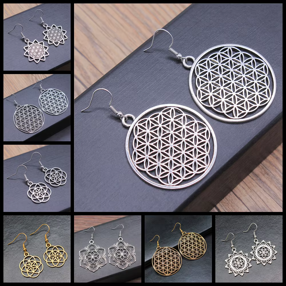 Boucles d'oreilles rondes sculptées à la main pour femmes, bijoux de déclaration uniques, vente en gros, fleur de vie, vente en gros