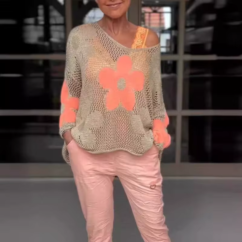 Pull tricoté ajouré pour femmes, col en v, fleur, ample, Design décontracté, mode, nouvelle Niche polyvalente, slim, été, printemps
