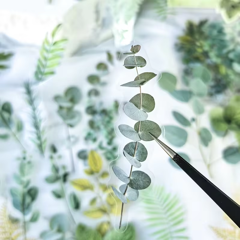 1 paquet de 40 autocollants décoratifs en PET en forme de feuilles de plantes vertes pour scrapbooking