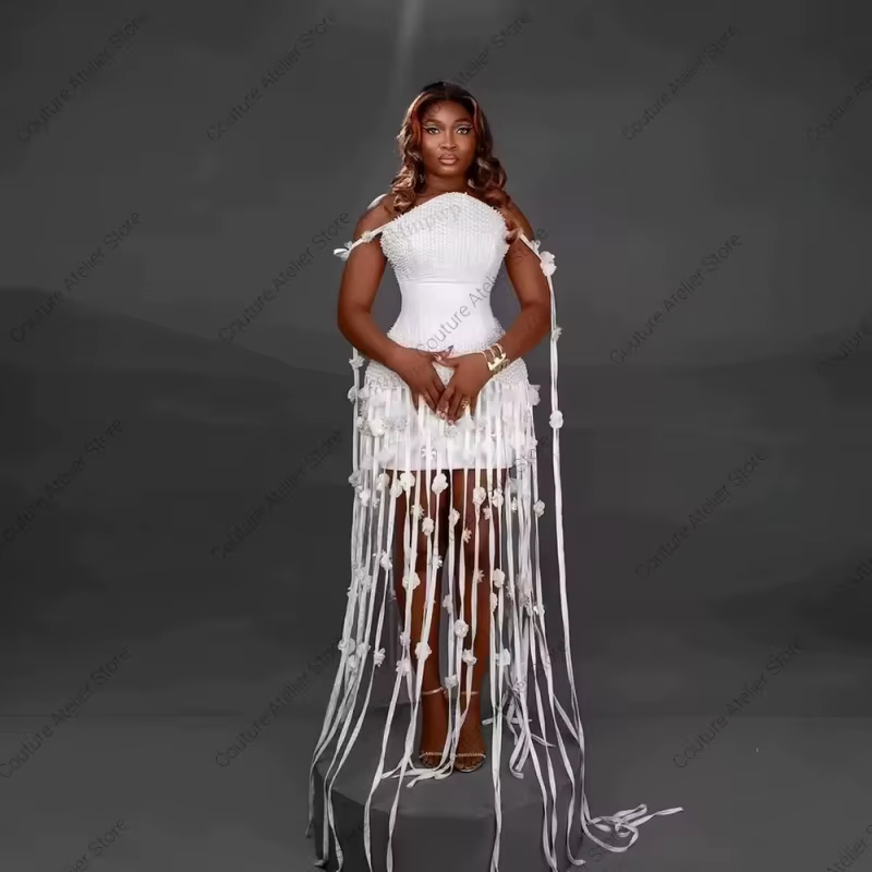 Robe de cocktail africaine 2 pièces avec perles et pompons pour femme, courte, formelle, pour soirée, anniversaire, fête, bal de promo, personnalisable