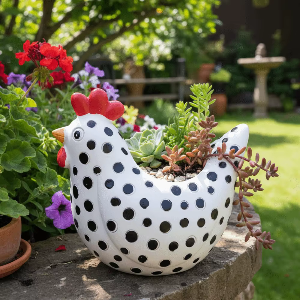 Pot de fleurs en résine en forme de poulet à pois