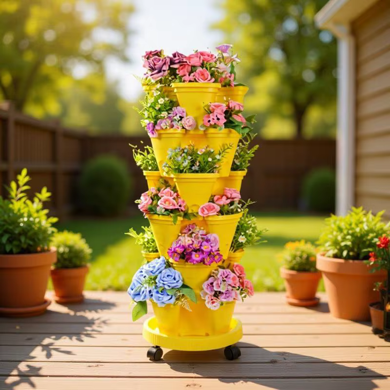 Nouvelle Jardinière Verticale Empilable en Plastique avec Roulettes Mobiles