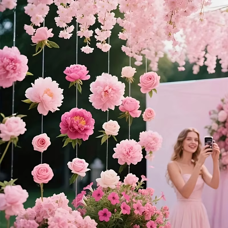 100 fleurs artificielles roses - Décorations suspendues de style bohème pour rideaux