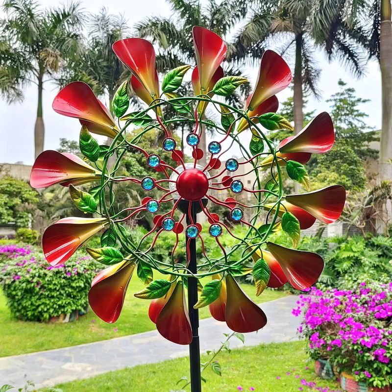 Moulin à vent à fleurs trompette Double face, avec lumière solaire rotative en fer, décor de jardin, Pinwheel extérieur, piquets de paysage, ornements