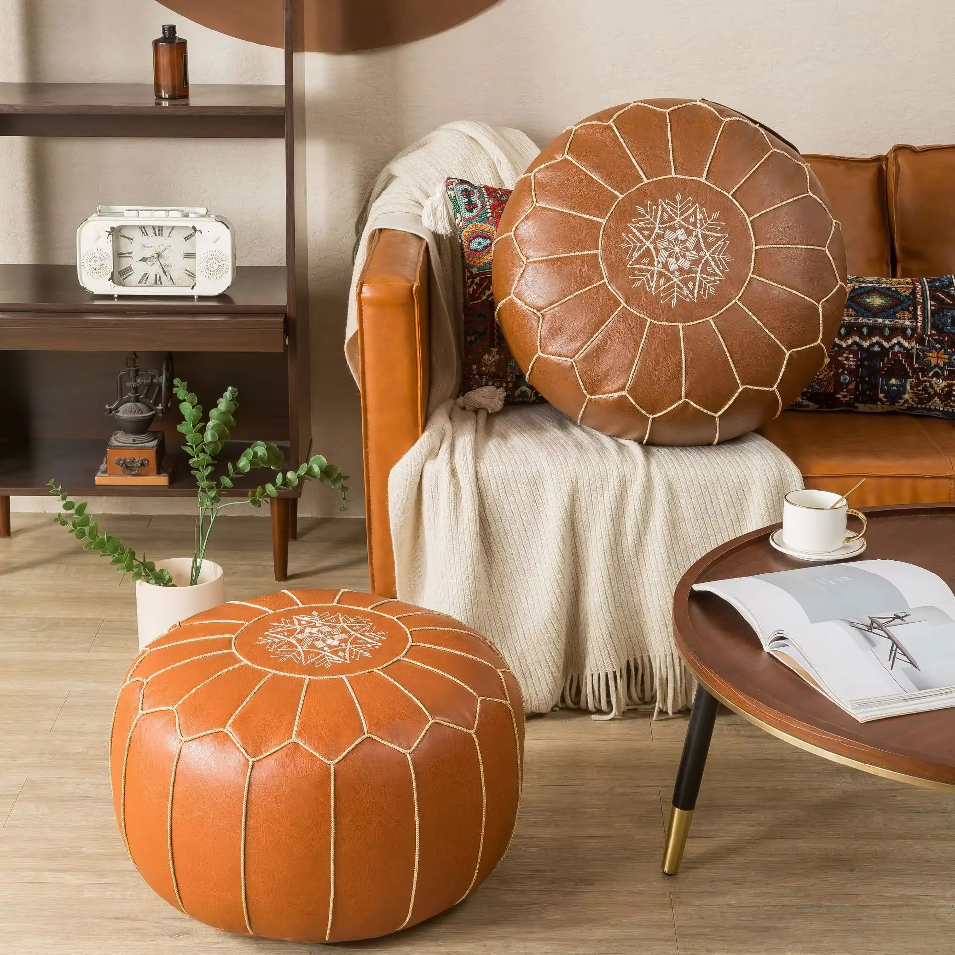 Coussin rond doux en cuir PU, oreiller décoratif marocain, pouf sans noyau, décoration d'intérieur moderne, Un197