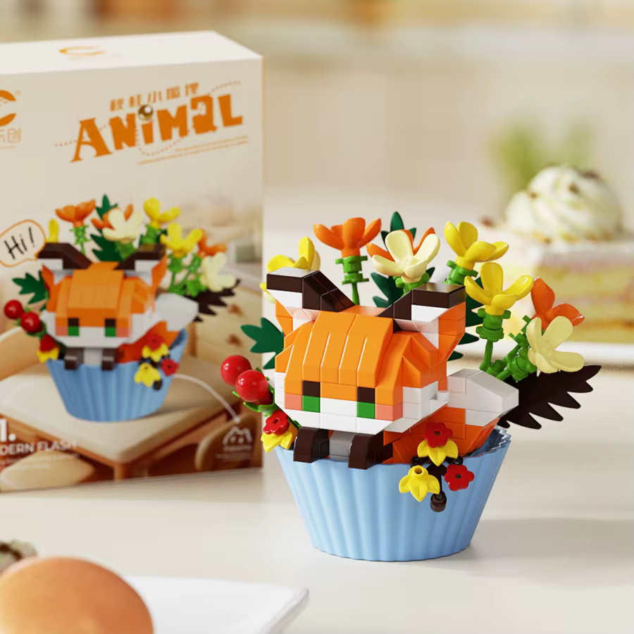 Ensemble de blocs de construction d'animaux et de plantes en pot