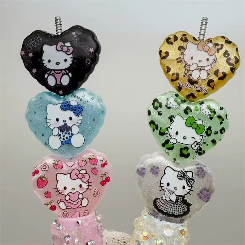 Impressions acryliques Hello Kitty, forme de cœur d'amour, chat KT de dessin animé mignon, perles à trou traversant, accessoires de stylo à corde pour téléphone portable DIY