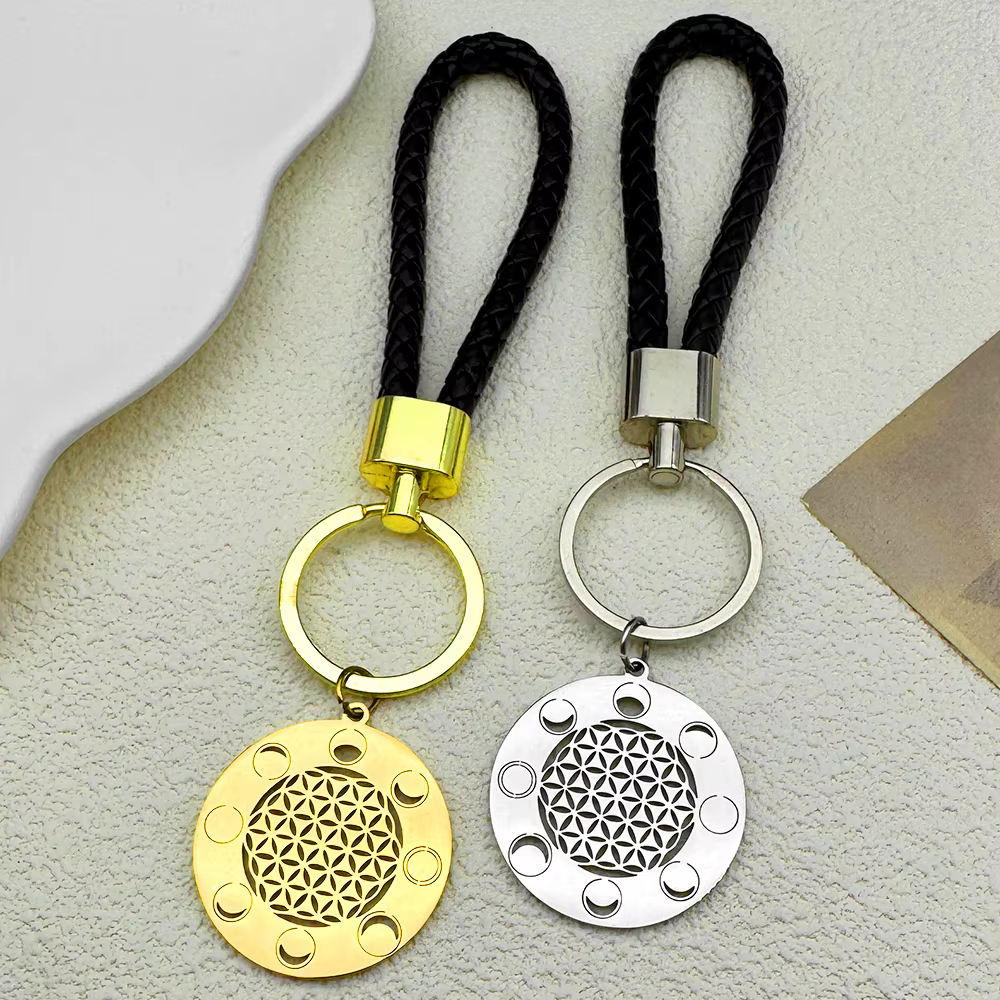 Porte-clés à géométrie sacrée fleur de vie pour femmes et hommes, en acier inoxydable, couleur argent, Phase de lune, bijoux cadeaux