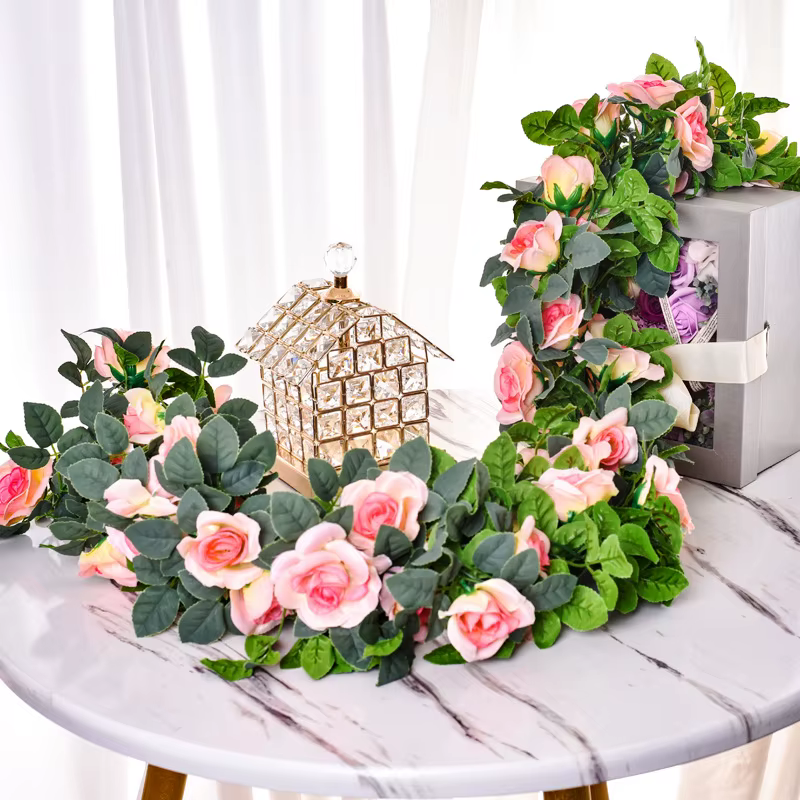 Rose artificielle vigne 16 fleurs de tête longueur 220cm fausse plante verte fleur