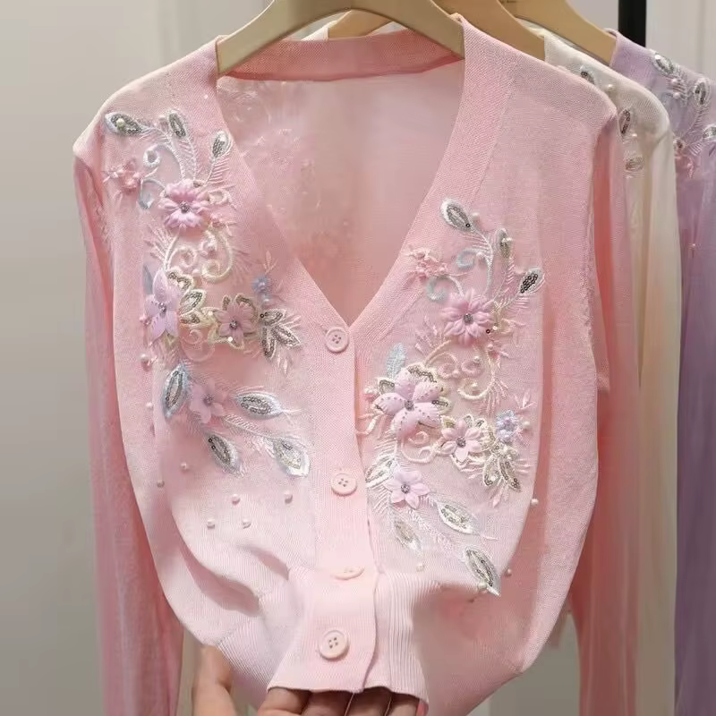 Femmes pull 2025 printemps automne Cardigans col en v perles 3d fleur broderie dame tricots hauts mode coréenne Cardigan