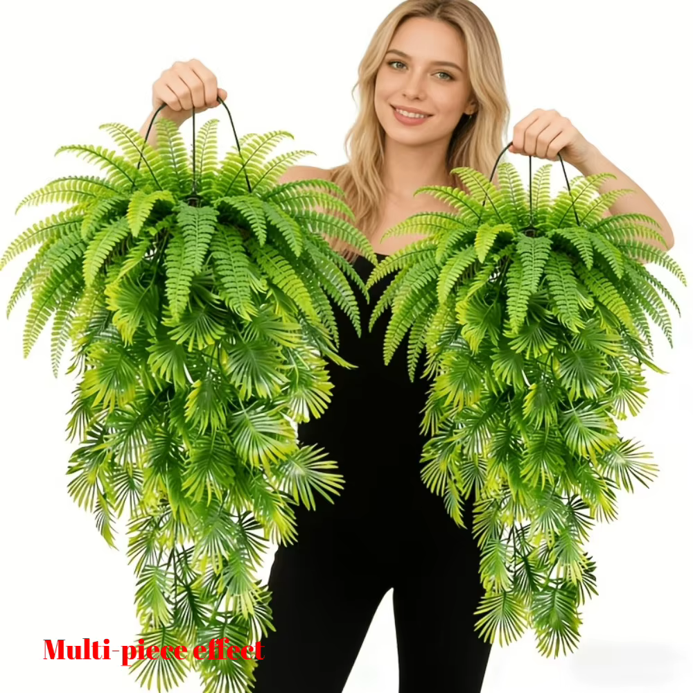 Ensemble de 3 plantes suspendues artificielles : fougère de Boston à feuilles larges et herbe Carex