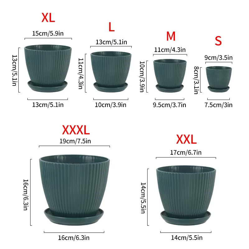 Pots de fleurs en plastique avec plateau