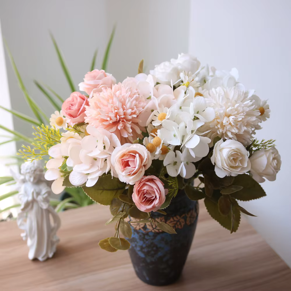 6PCS Fleurs Artificielles Camomille Mariage Maison Chambre Décoration Bouquet De Mariée Jardin Soie Roses Vase Conseil Extérieur Bricolage Cadeaux