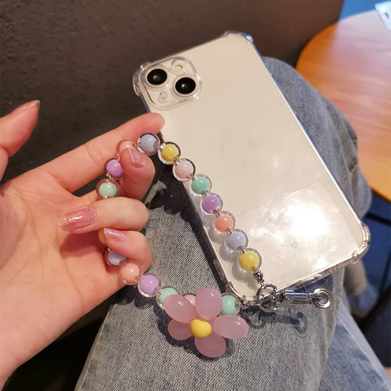 Porte-clés à fleurs colorées, chaîne perlée, accessoires pour téléphone, pendentif Anti-perte, lanière à main, pendentif de poignet