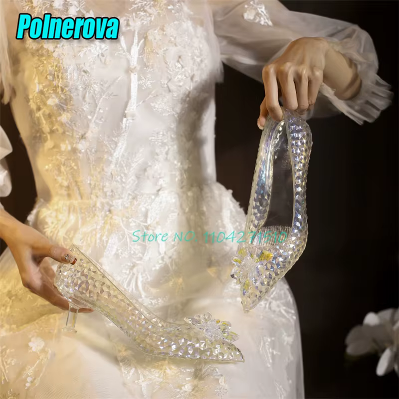 Chaussures à talons hauts transparents pour femmes, décor floral, robe de mariée féerique, escarpins élégants à bout pointu et à talons ronds, chaussures de fête pour Banquet