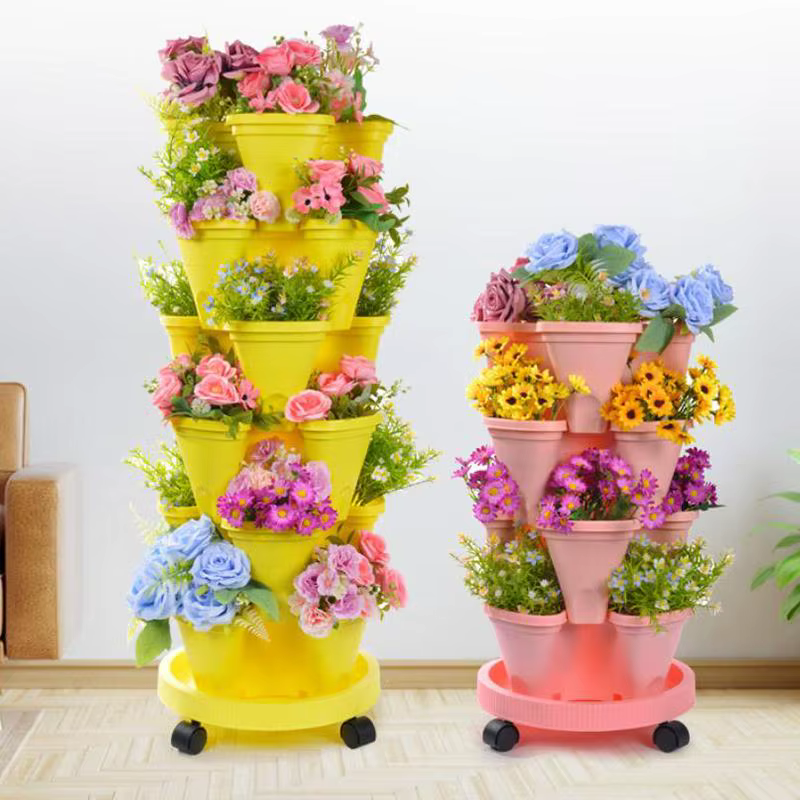 Nouvelle Jardinière Verticale Empilable en Plastique avec Roulettes Mobiles