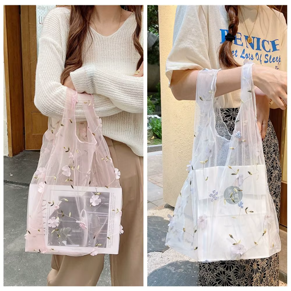 Sacs à main tendance avec broderie florale, sacs à main en maille transparente, sacs de shopping, sacs à usage spécial