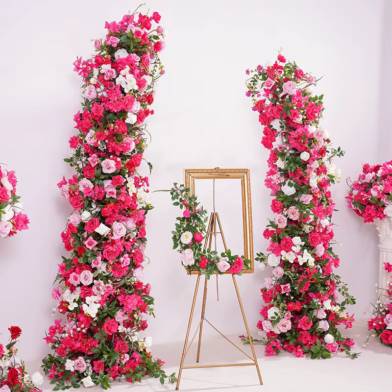 Série Rose vif Rose verdure fleur rangée décor mariage toile de fond corne arc église Banquet événement scène Arrangement Floral H866319