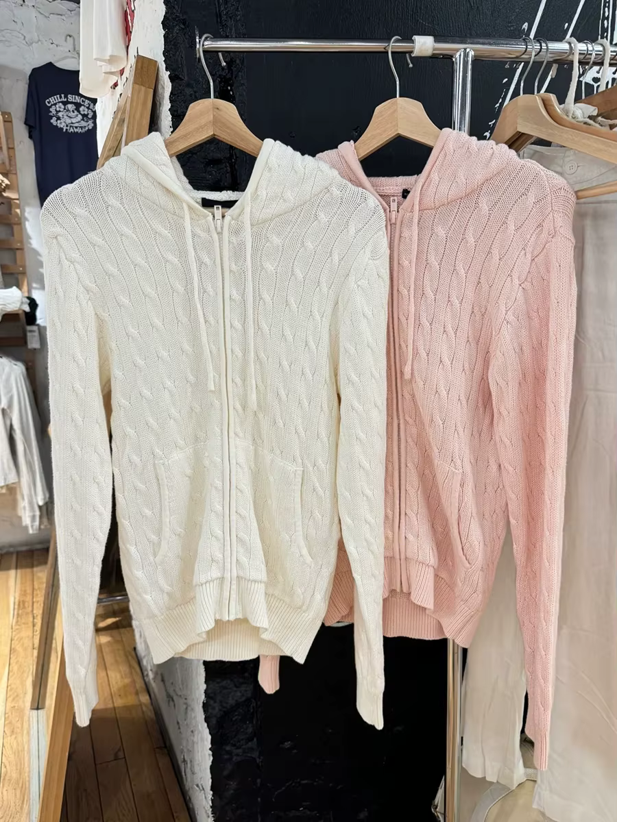 Cardigan tricoté à fleurs torsadées pour femme, pull à manches longues, cordon de serrage, capuche, fermeture éclair, Streetwear, doux, manteau, haut Y2K, automne
