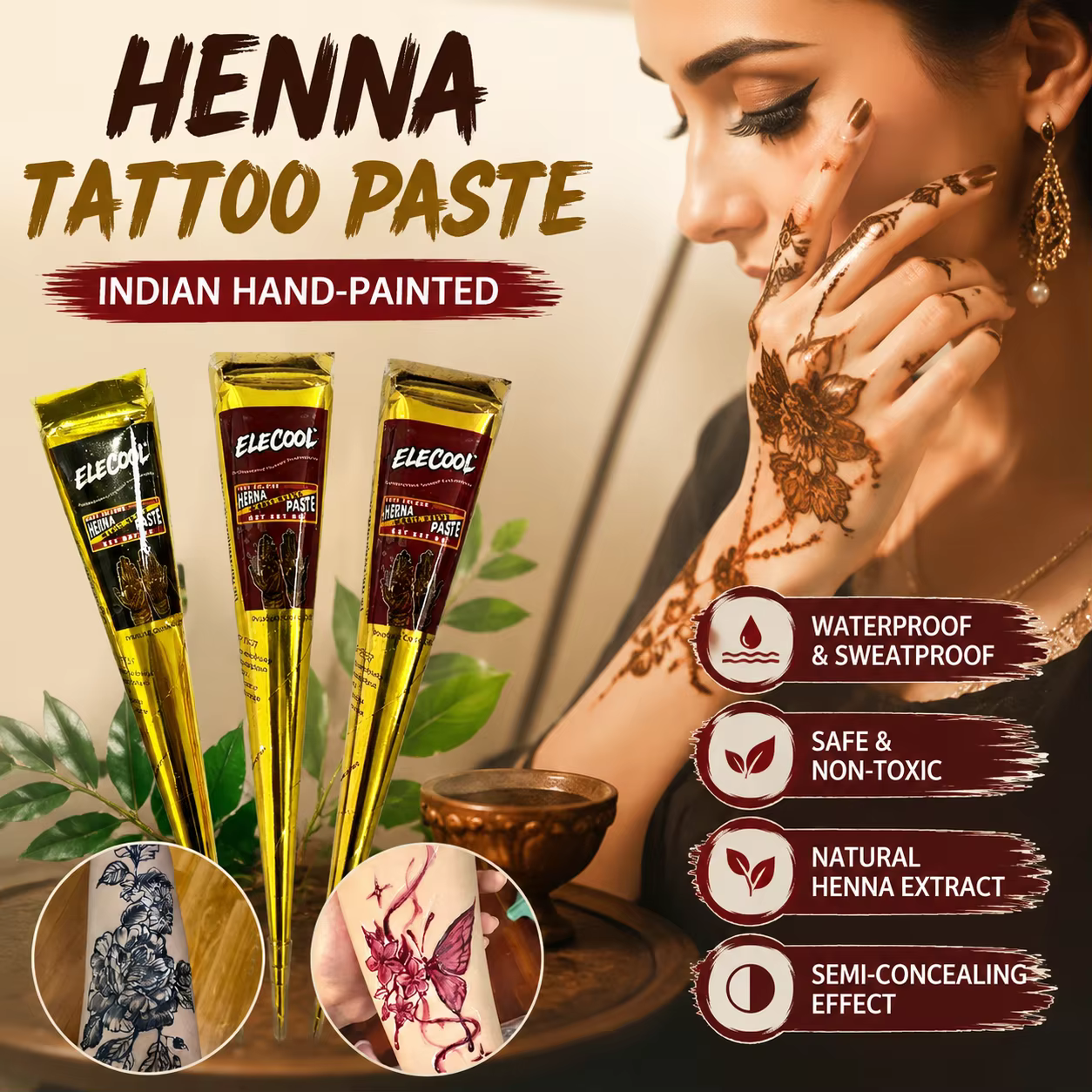 Pâte de tatouage au henné naturel, imperméable, tatouage corporel temporaire, encre riche en couleur, haute couvrance, séchage rapide, art corporel au henné DIY