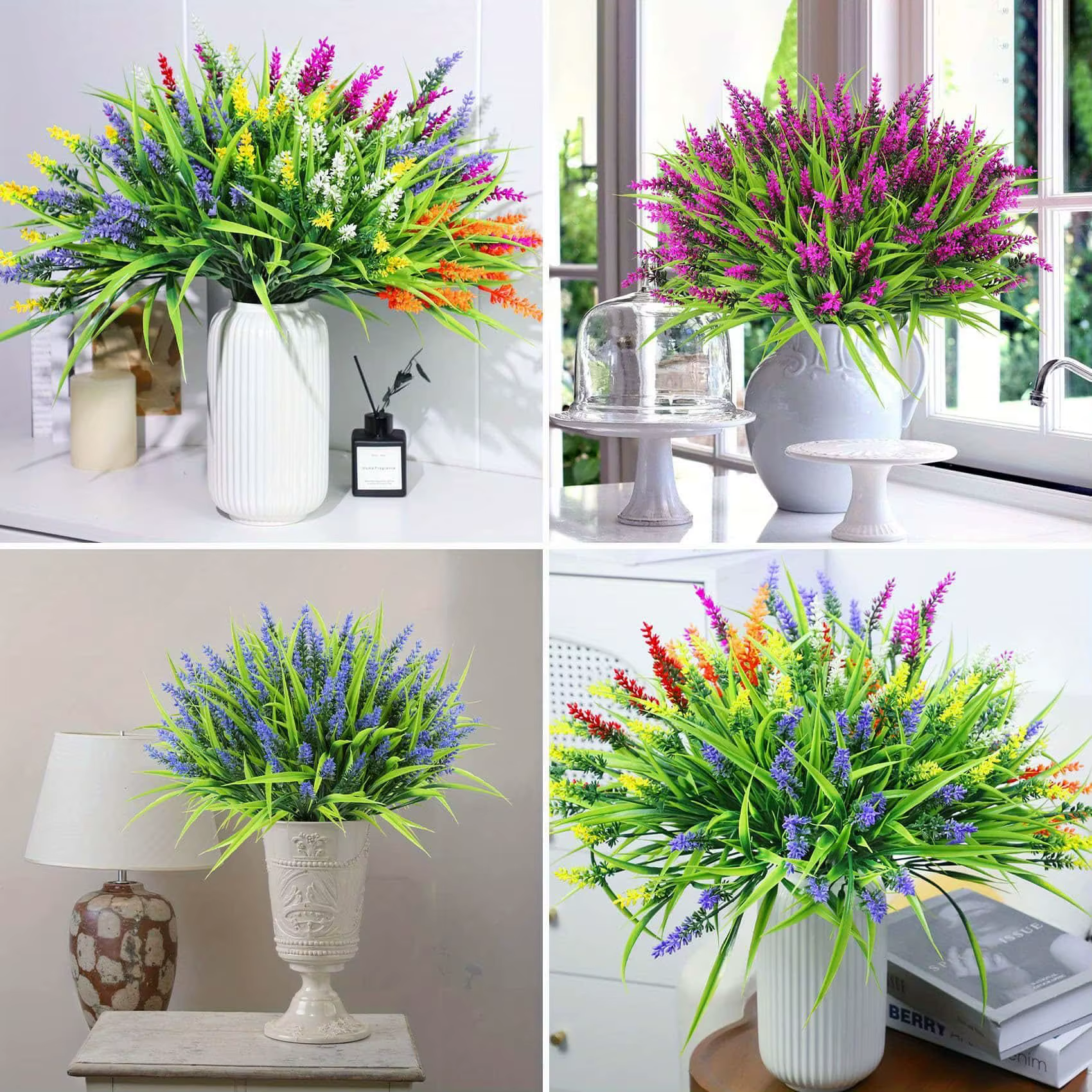 12 paquets d'herbe de lavande et de singe artificielle-arbustes verts en plastique résistant aux UV pour la décoration extérieure de jardin de maison