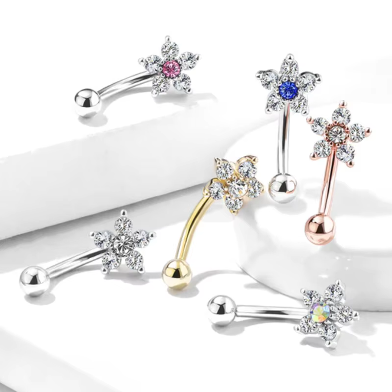 3 pièces fleur sourcil haltère Piercing ensemble Zircon incurvé haltères Piercing Pack coeur oreille Rook boucle d'oreille goujon barres sourcil anneau Lot