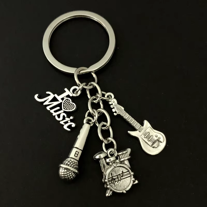 1 pièce de porte-clés en alliage de musique classique, accessoire de décoration de bijoux avec tambour et microphone de guitare