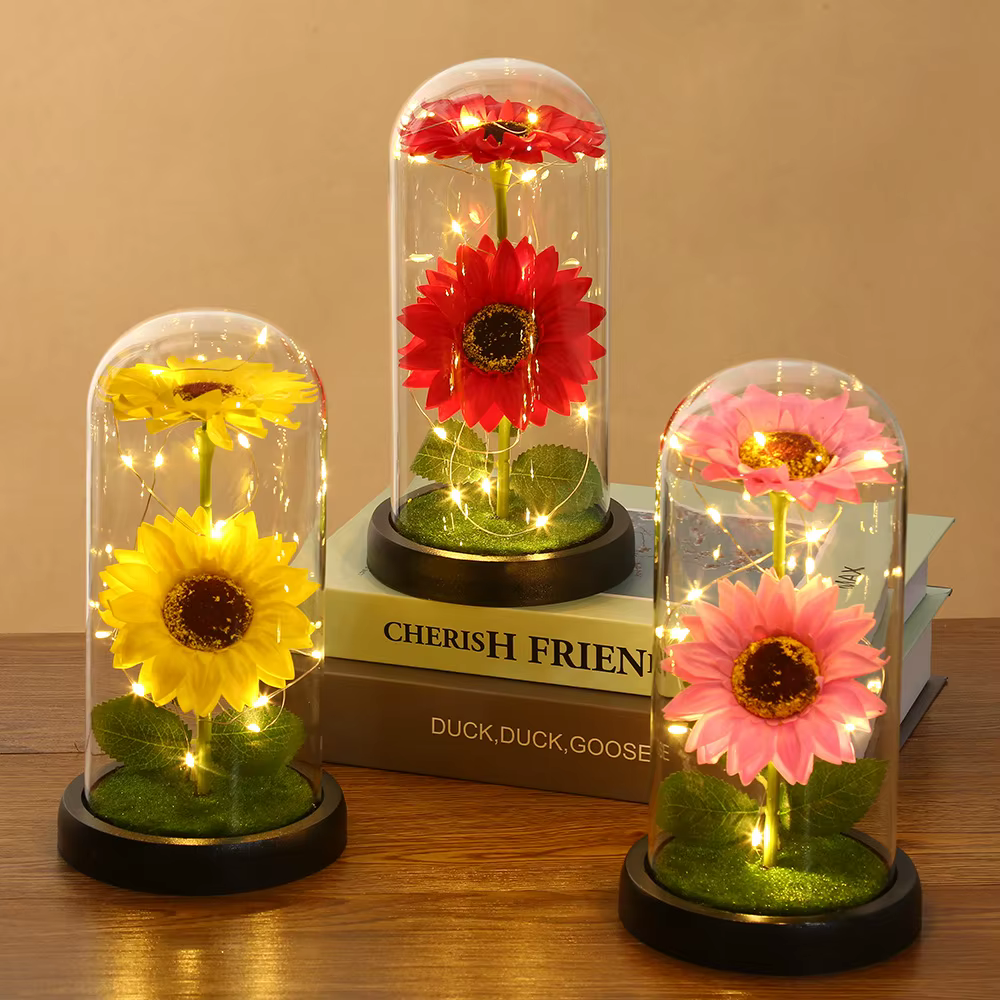 Tournesol éternel en dôme transp – Fleur artificielle éclairée par LED