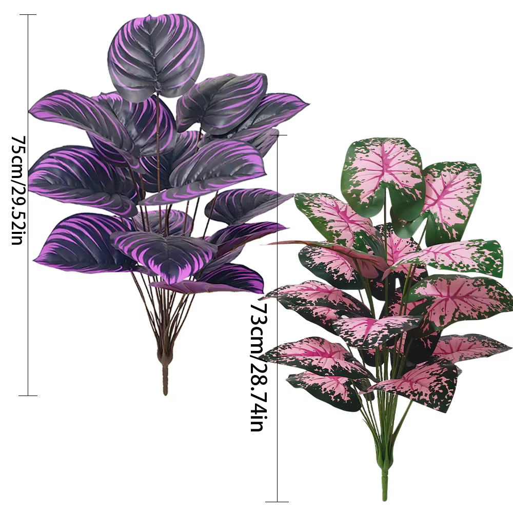 Ensemble de 2 plantes artificielles de Caladium avec feuilles roses violettes