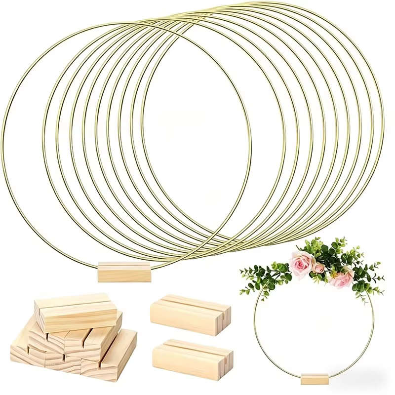 10 cerceaux floraux ronds en métal de 25 cm avec bases en bois pour décoration de table de mariage