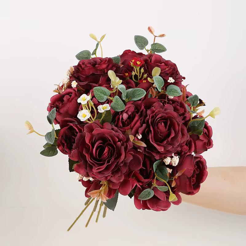 Pivoines bordeaux fleurs artificielles 2 pièces Rose hortensia Vintage fausses